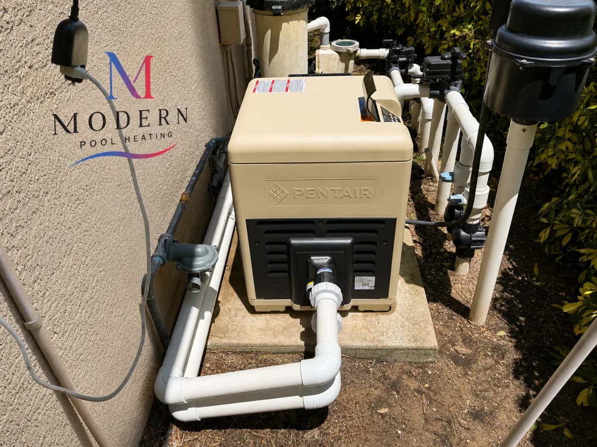 Pentair gas pool heater installed in a narrow side yard in Florida