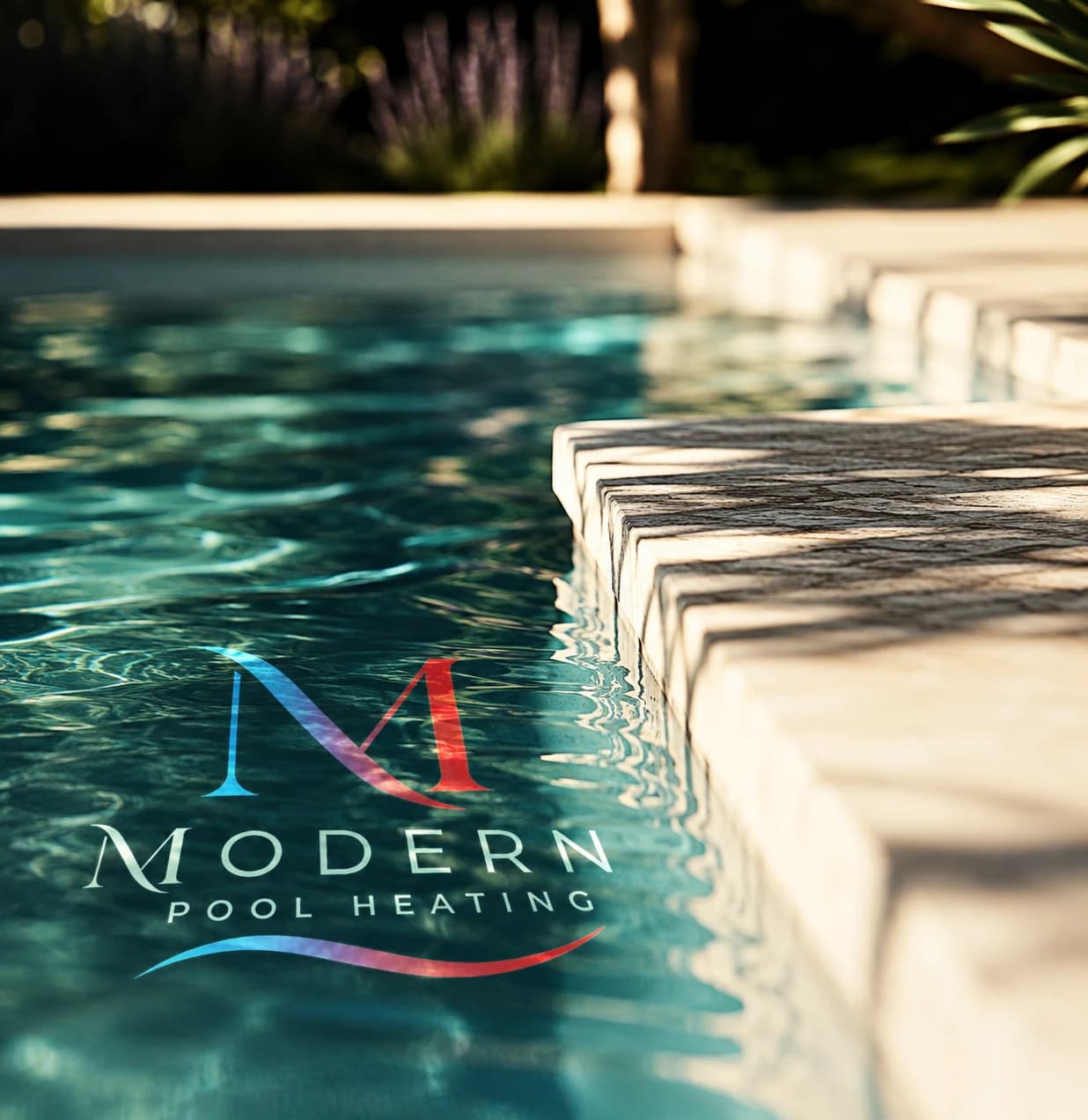 Modern Pool Heating logo reflected in the water of a heated pool
